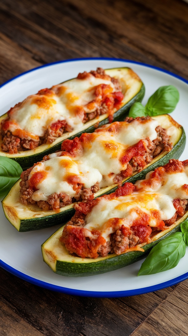 Baked zucchini boats stuffed with ground beef and melted cheese, garnished with basil on a rustic plate.